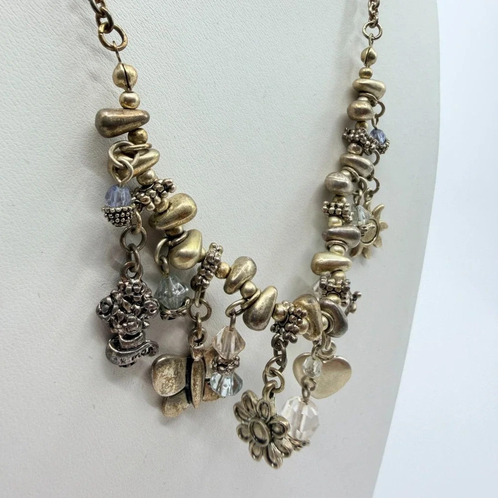 Vintage Silver Tone Multi Charm Necklace Sun Heart Butterfly Celestial Bead Boho